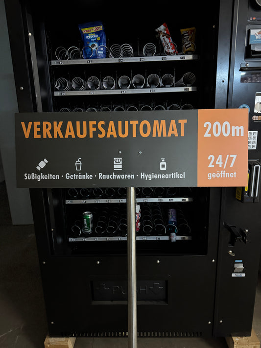 Hinweisschild "Verkaufsautomat in 200m"
